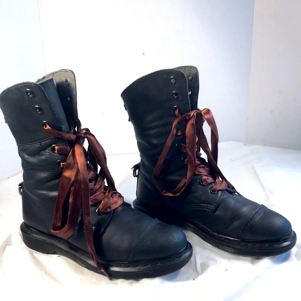 Dr. Martens Black Leather Combat Boots with Brown Satin Laces